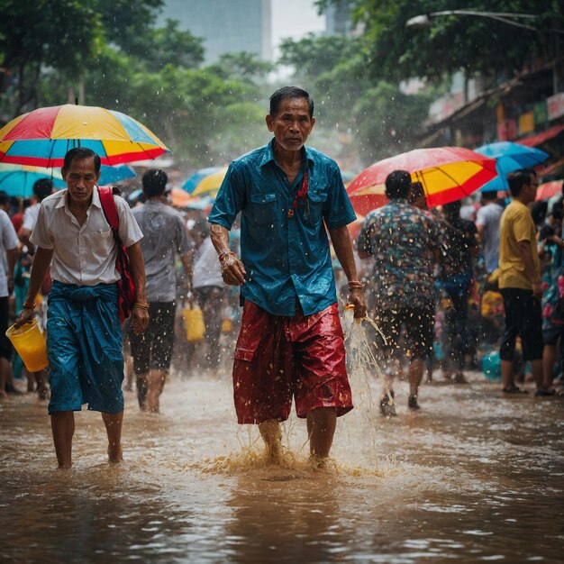 ein Mann, der ein blaues Hemd trägt, geht mit einem Regenschirm durch das Wasser