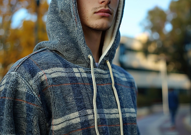 ein Mann, der ein blaues Hoodie mit einem weißen Streifen trägt