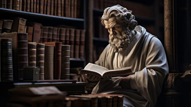 Foto ein mann, der ein buch in einer bibliothek mit vielen büchern liest