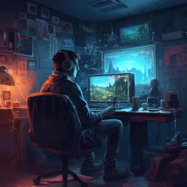 Ein Mann, der ein Spiel in einem dunklen Raum mit einem Computermonitor und einem Bild eines Mannes spielt, der ein Spiel spielt.