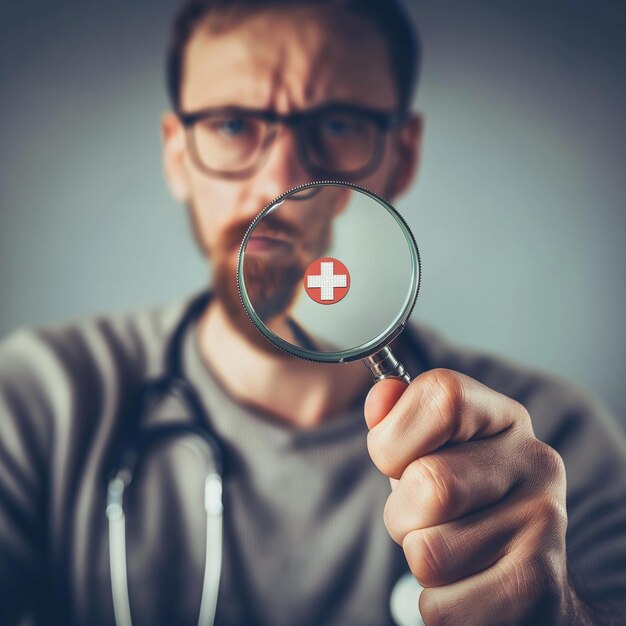 Foto ein mann, der ein vergrößerungsglas mit einem kreuz darin hält