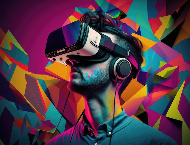 Ein Mann, der ein Virtual-Reality-Headset mit generativer KI im Farbhintergrund trägt