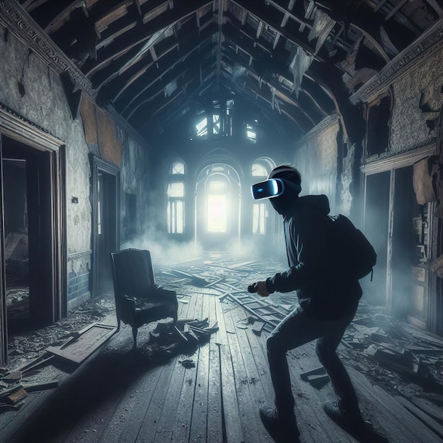 Ein Mann, der ein Virtual-Reality-Headset trägt, geht durch einen Messraum