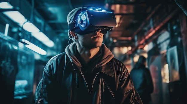 Ein Mann, der ein VR-Headset mit dem Wort VR auf der Vorderseite trägt.