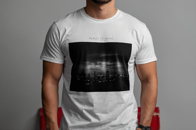 ein Mann, der ein weißes Hemd trägt, auf dem steht: "Die Stadt der Stadt".