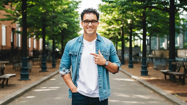 ein Mann, der eine blaue Jeansjacke und Blaue Jeans trägt, posiert für ein Bild