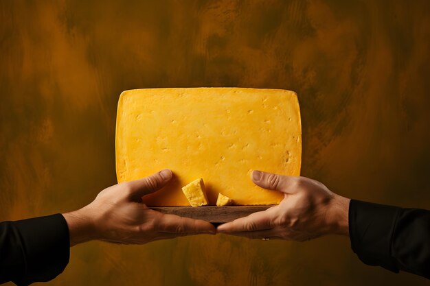 ein Mann, der eine Chefjacke trägt und ein Stück Käse hält
