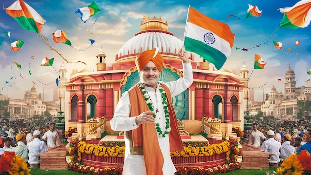ein Mann, der eine Flagge hält, auf der es Indien steht