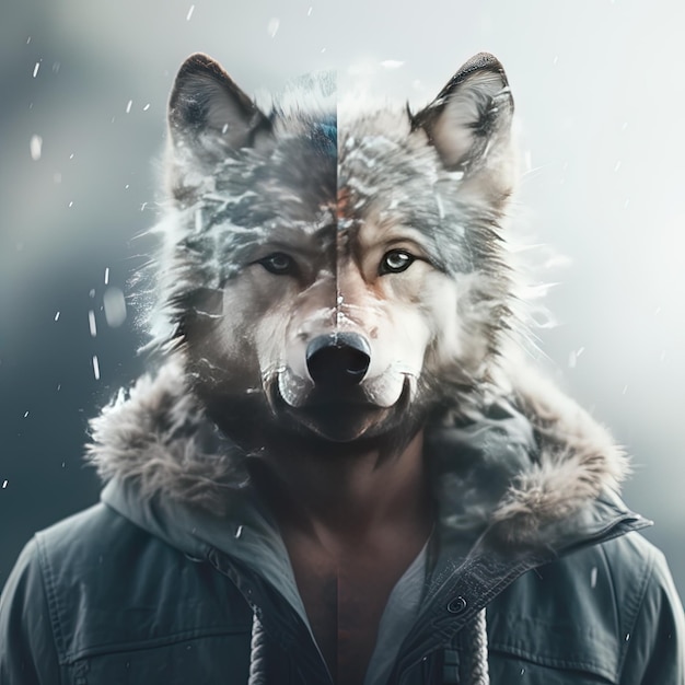Ein Mann, der eine Jacke mit einem Wolf an der Vorderseite trägt.