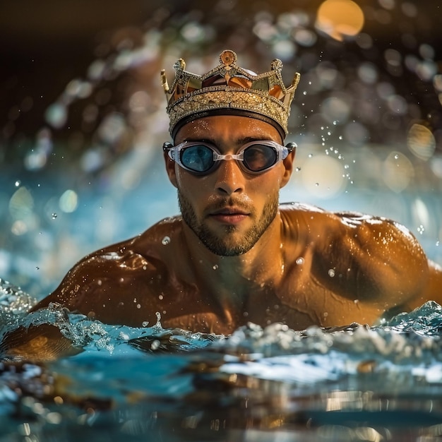 ein Mann, der eine Krone trägt, schwimmt im Wasser mit den Worten "Schwimmen" auf der Spitze