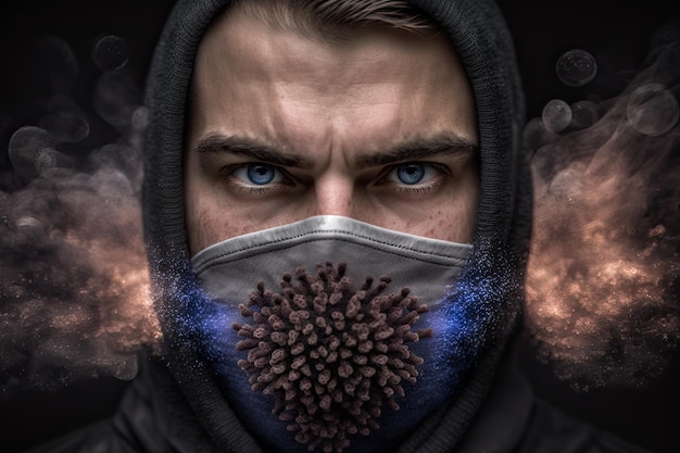 Ein Mann, der eine Maske mit blauen Augen und einer Kapuze trägt, auf der "Coronavirus" steht