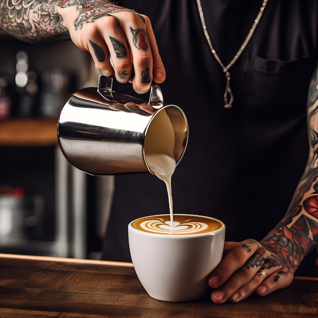 Ein Mann, der eine Tasse Kaffee aus einer Kaffeemaschine gießt.
