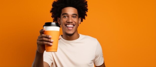 ein Mann, der eine Tasse Kaffee mit orangefarbenem Hintergrund hält