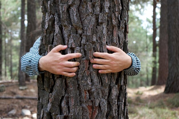 Ein Mann, der einen Baum umarmt, rettet den Planeten, Klimawandel