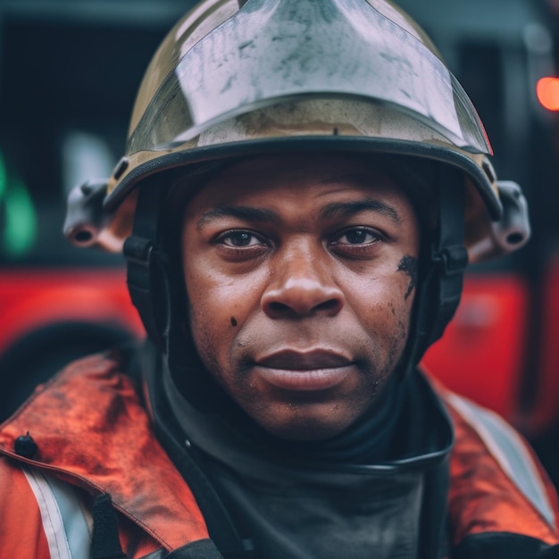 Ein Mann, der einen Feuerwehrhelm und eine Feuerwehrjacke trägt, generatives KI-Bild