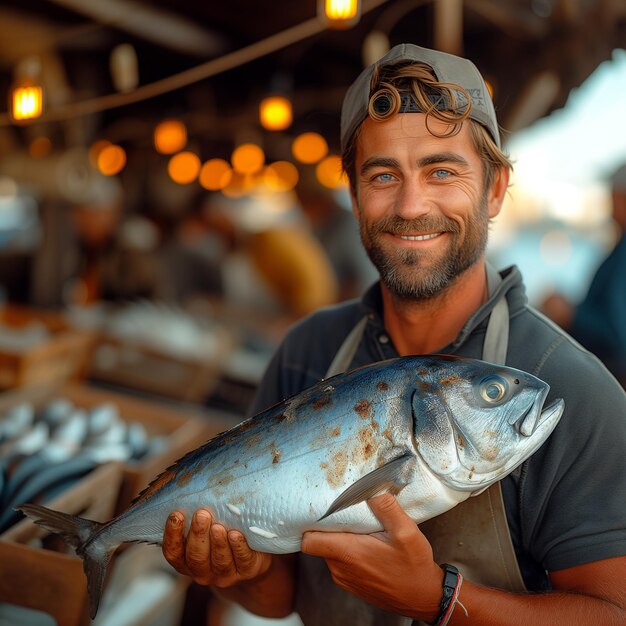 ein Mann, der einen Fisch hält, auf dem die Nummer 3 steht