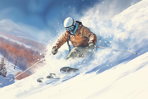 Ein Mann, der einen Helm und eine Schutzbrille trägt, fährt auf einem schneebedeckten Berg hinunter.