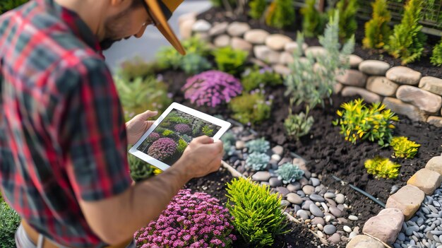 Foto ein mann, der einen hut und ein gefärbtes hemd trägt, benutzt ein tablet, um ein foto von einem garten zu machen