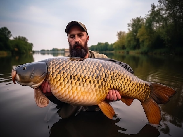 Ein Mann, der einen in einem See gefangenen Karpfen hält.