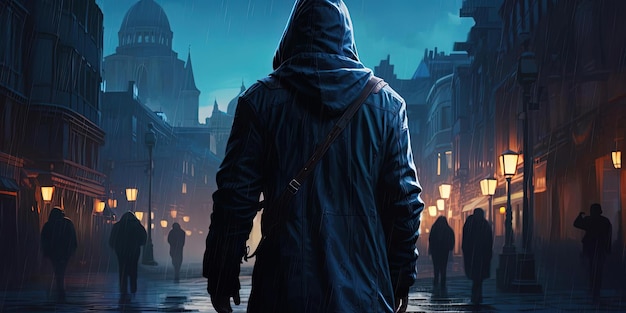 ein Mann, der einen Mantel und einen Rucksack trägt und die Straße in der Art dystopischer Stadtlandschaften entlang geht