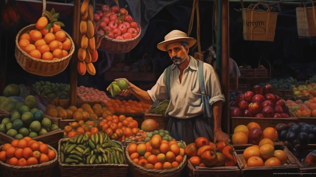 Ein Mann, der einen Obststand auf einem Markt hält