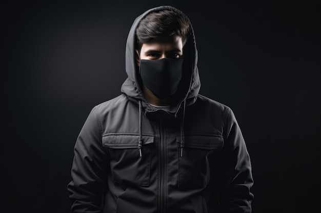 ein Mann, der einen schwarzen Kapuzenpullover und eine schwarze Gesichtsmaske trägt