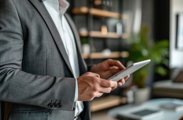 Foto ein mann, der einen tablet-pc im büro hält