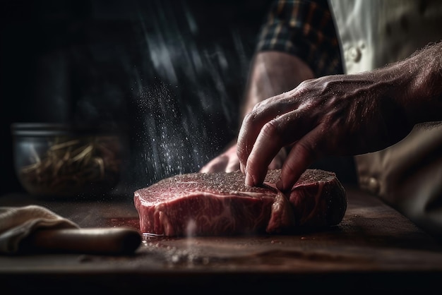 Ein Mann, der Fleisch mit Salz hackt