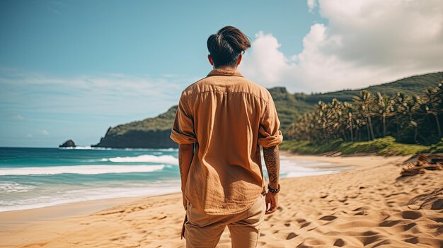 ein Mann, der Gelegenheitskleidung trägt und auf dem Strand steht