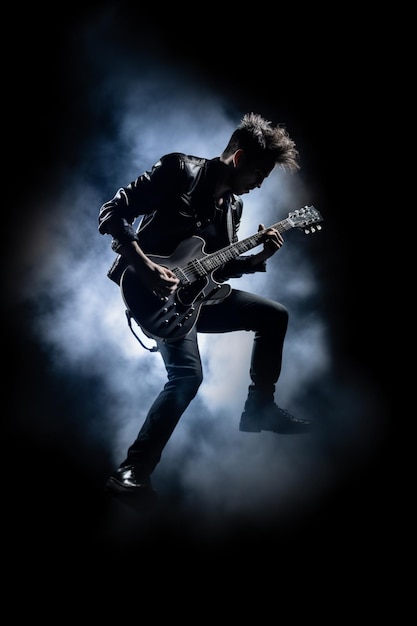 Ein Mann, der im Dunkeln Gitarre spielt, vor schwarzem Hintergrund.