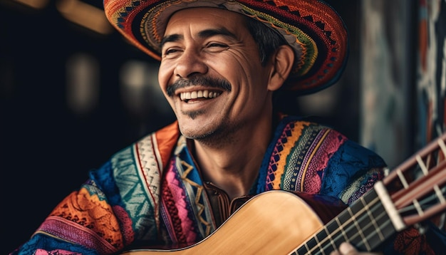 Ein Mann, der im Freien eine von KI generierte Akustikgitarre spielt