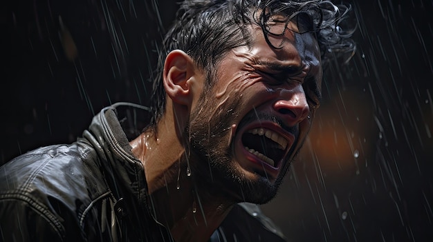 ein Mann, der im Regen weint