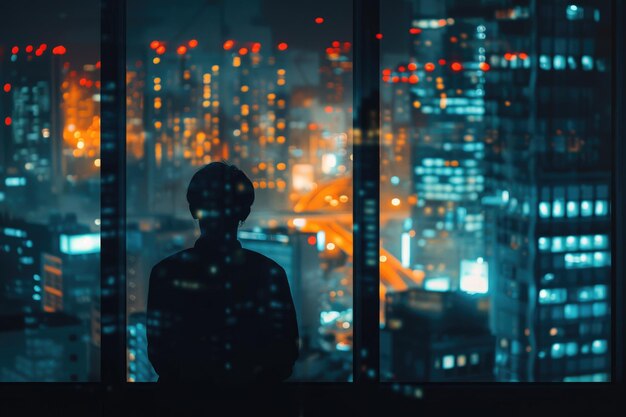 Ein Mann, der in Anime-Stil gekleidet ist, schaut nachts aus dem Fenster Ai generative