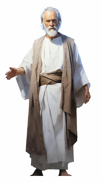 ein Mann, der in einem biblischen Kostüm mit weißem Bart gekleidet ist