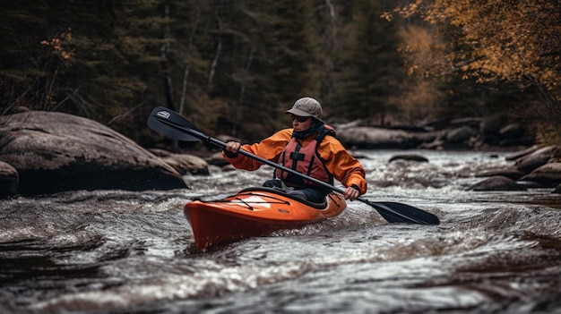 Ein Mann, der in einem Fluss Kajak fährt, mit dem Wort „Kajak“ auf der Vorderseite.