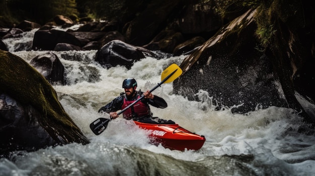 Ein Mann, der in einem Fluss Kajak fährt, mit dem Wort „Weiß“ auf der Seite des Kajaks.