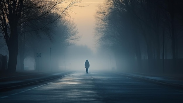 ein Mann, der in einem Nebelabend im Park spazieren geht
