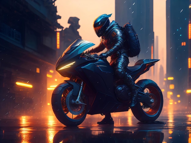 Ein Mann, der in einer Stadt mit einem Helm auf dem Rücken ein Motorrad fährt