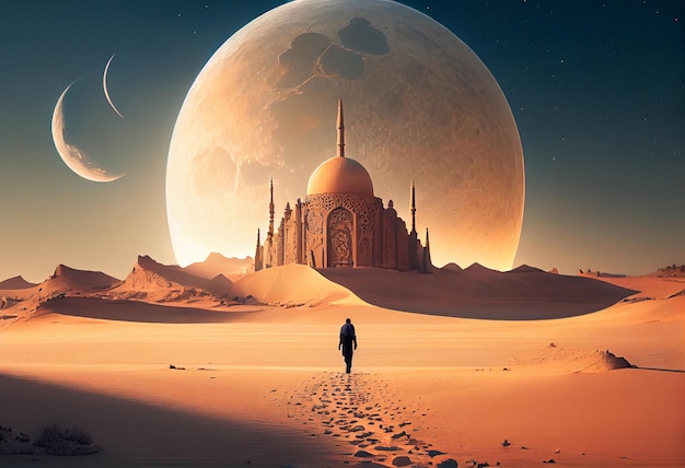 Ein Mann, der in einer Wüste auf einen großen Mond zugeht, mit einer großen Moschee im Hintergrund. Erzeuge Ai