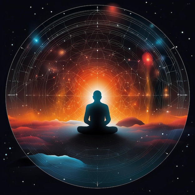 ein Mann, der in Meditation vor einem Sternenhimmel sitzt
