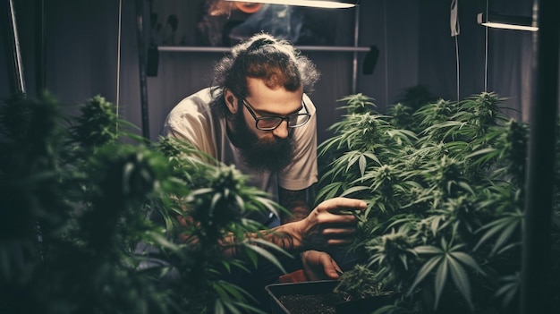 Ein Mann, der Indoor-Cannabispflanzen mit dem Züchter The Generative AI schneidet