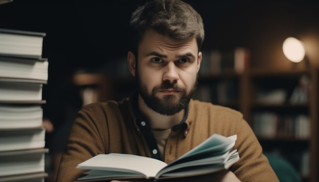 Ein Mann, der Literatur studiert, hält ein Lehrbuch in der Hand und sieht ernst aus, drinnen erzeugt durch KI