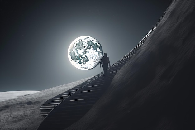 Ein Mann, der mit dem Mond im Hintergrund einen Hügel hinuntergeht.