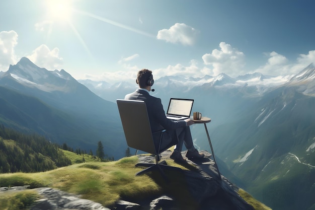 Ein Mann, der mit einem Computer an einem Schreibtisch auf einem Berg sitzt