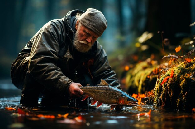 Ein Mann, der mit einem Fisch im Flussfischerei-Gebiet angelt