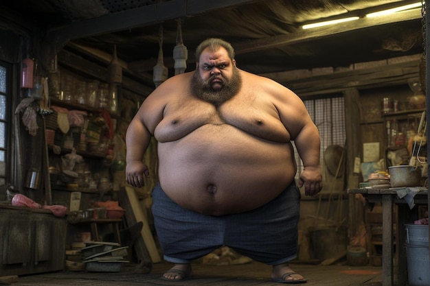 Foto ein mann, der mit einem riesigen bauch in einer garage steht