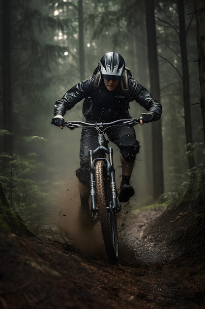 Ein Mann, der mit einer schwarzen Jacke und einem Helm auf dem Mountainbike im Wald unterwegs ist