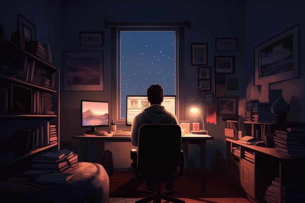 Ein Mann, der nachts am Schreibtisch im Büro am Computer arbeitet
