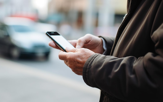 Ein Mann, der sein Handy draußen auf einer Stadtstraße benutzt.