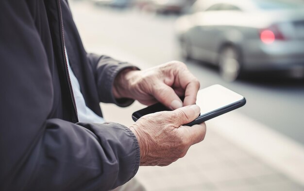 Ein Mann, der sein Smartphone auf einer Stadtstraße benutzt.